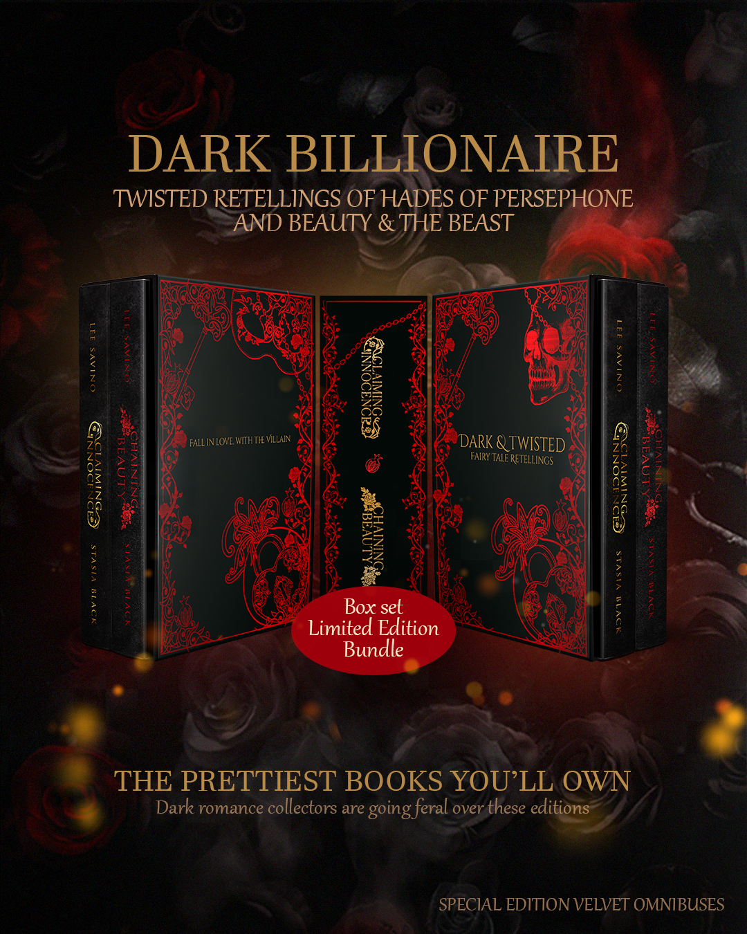 Advertising creative showing two black velvet omnibus hardcovers and their slipcase against a dark floral background