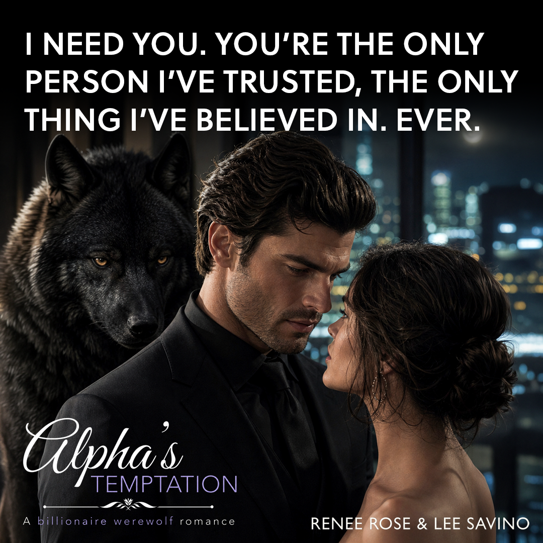 Square creative with a quote above artwork of a man in a black suit, a woman in an evening dress, and a black wolf against a night skyline